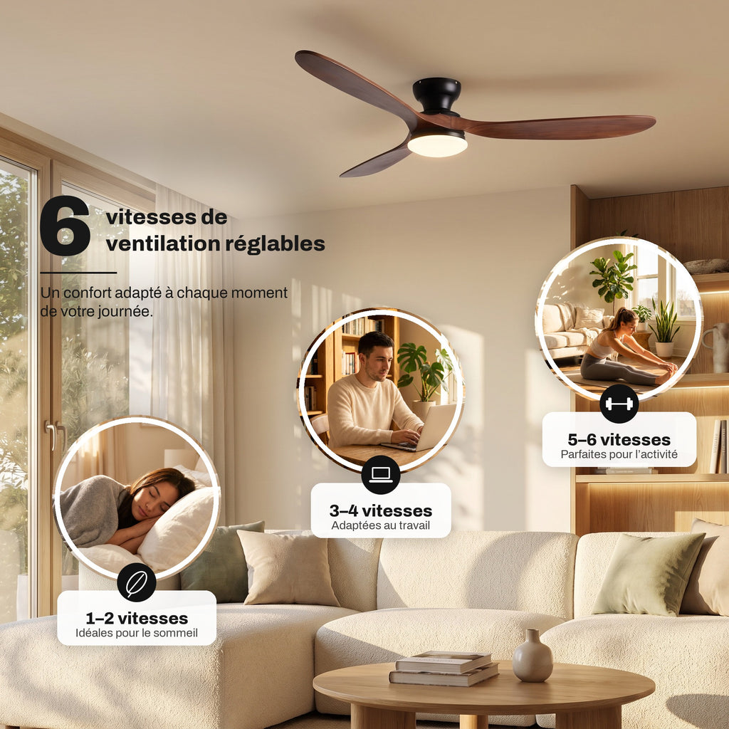 Ventilateur de Plafond en Bois Massif Silencieux Haut de Gamme Avec Lumière LED, Télécommande et Réversible Été/Hiver - Sylvane