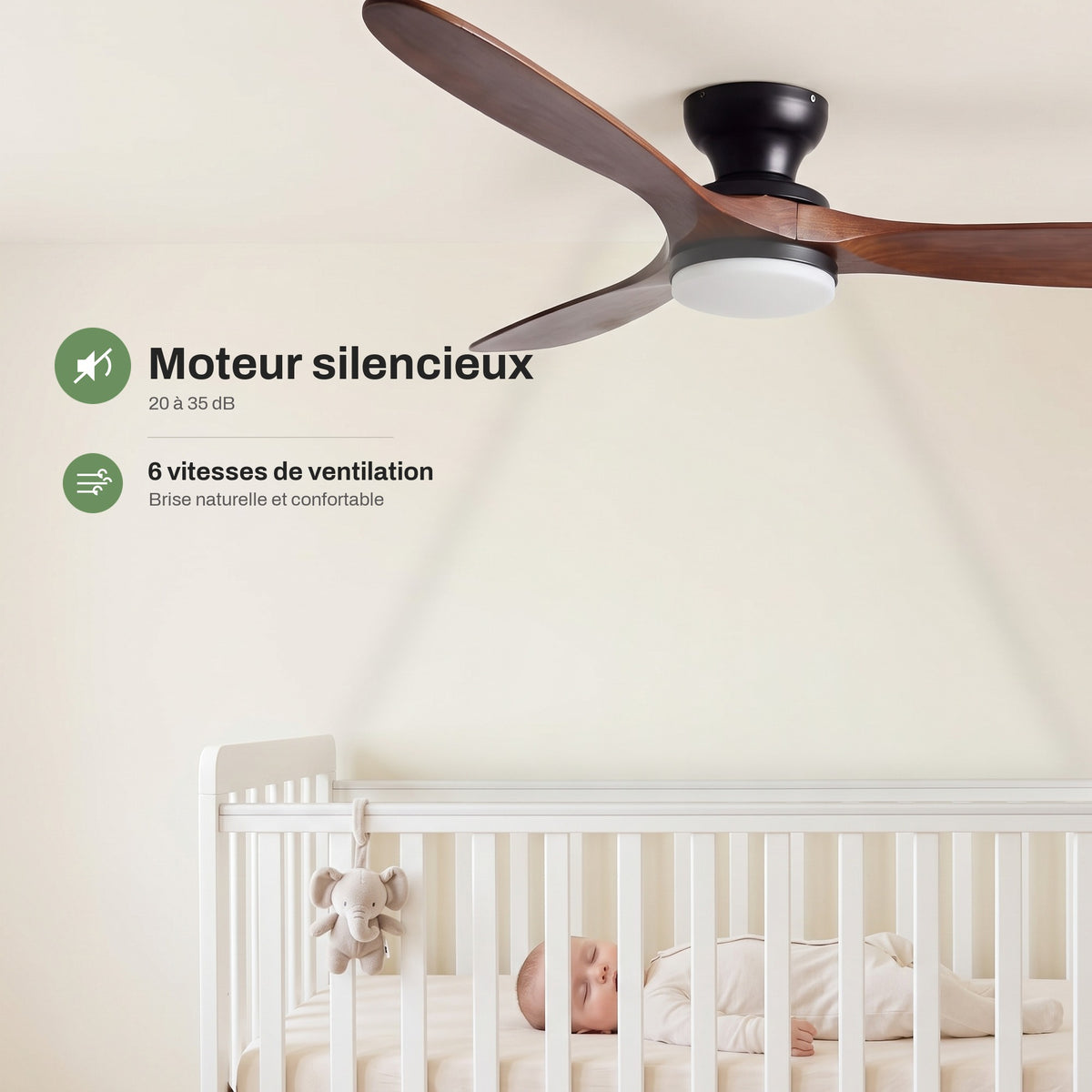 Ventilateur de Plafond en Bois Massif Silencieux Haut de Gamme Avec Lumière LED, Télécommande et Réversible Été/Hiver - Sylvane