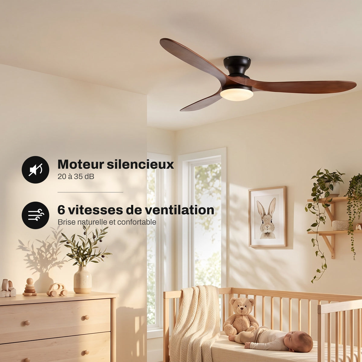 Ventilateur de Plafond en Bois Massif Silencieux Haut de Gamme Avec Lumière LED, Télécommande et Réversible Été/Hiver - Sylvane