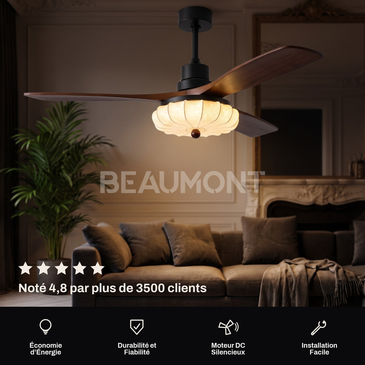 Ventilateur de Plafond Vintage Silencieux en Bois Style Colonial Avec Lumière LED, Télécommande et Réversible Été/Hiver - Trianon