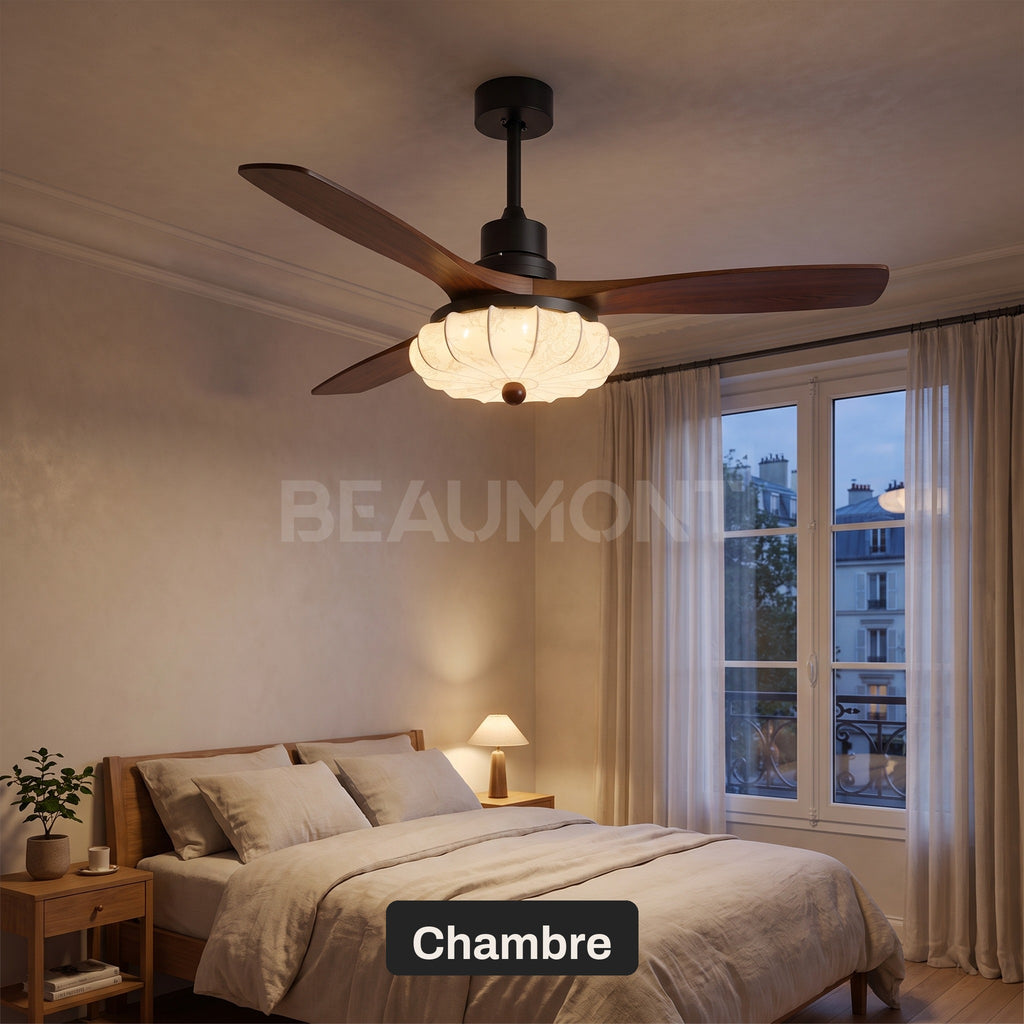 Ventilateur de Plafond Vintage Silencieux en Bois Style Colonial Avec Lumière LED, Télécommande et Réversible Été/Hiver - Trianon