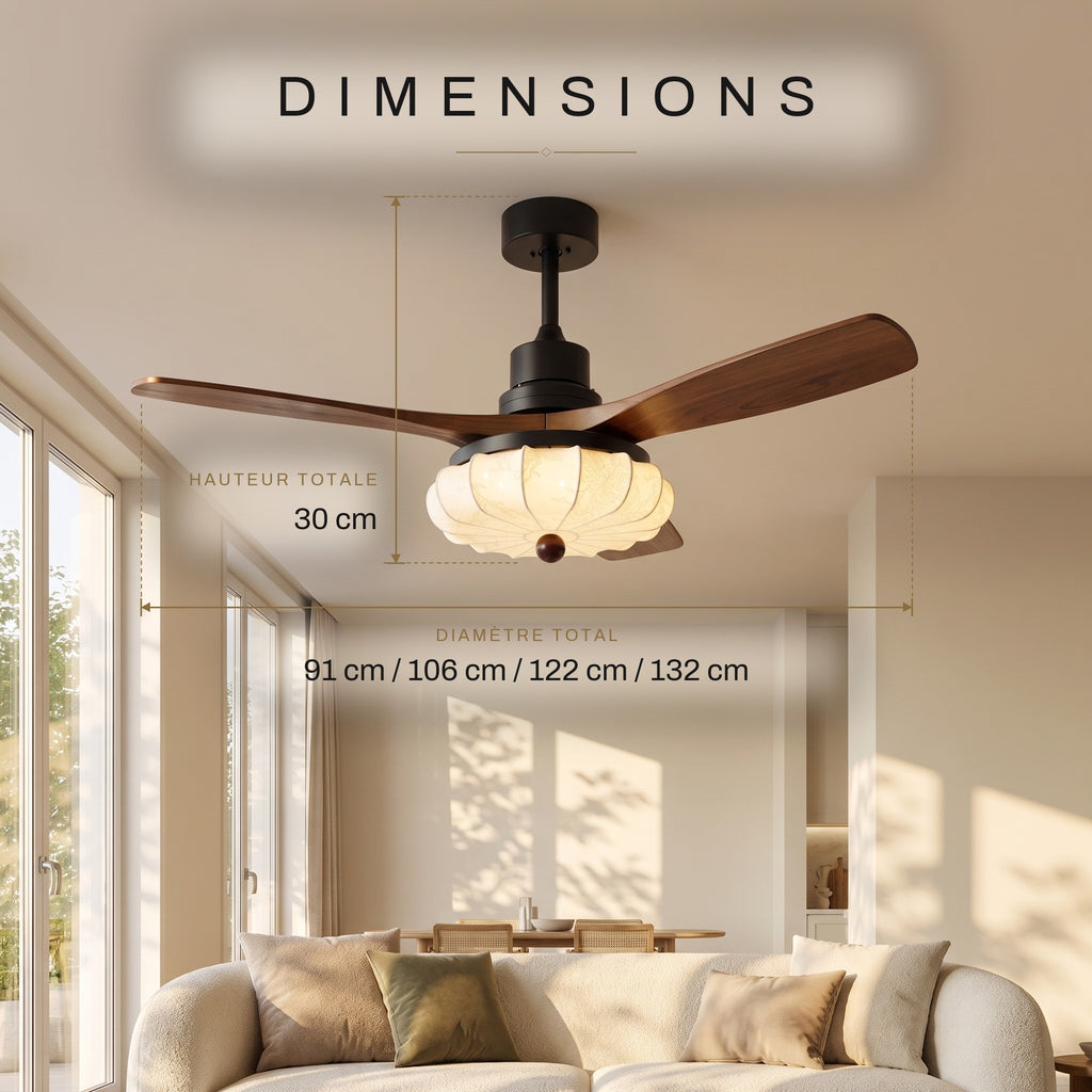 Ventilateur de Plafond Vintage Silencieux en Bois Style Colonial Avec Lumière LED, Télécommande et Réversible Été/Hiver - Trianon