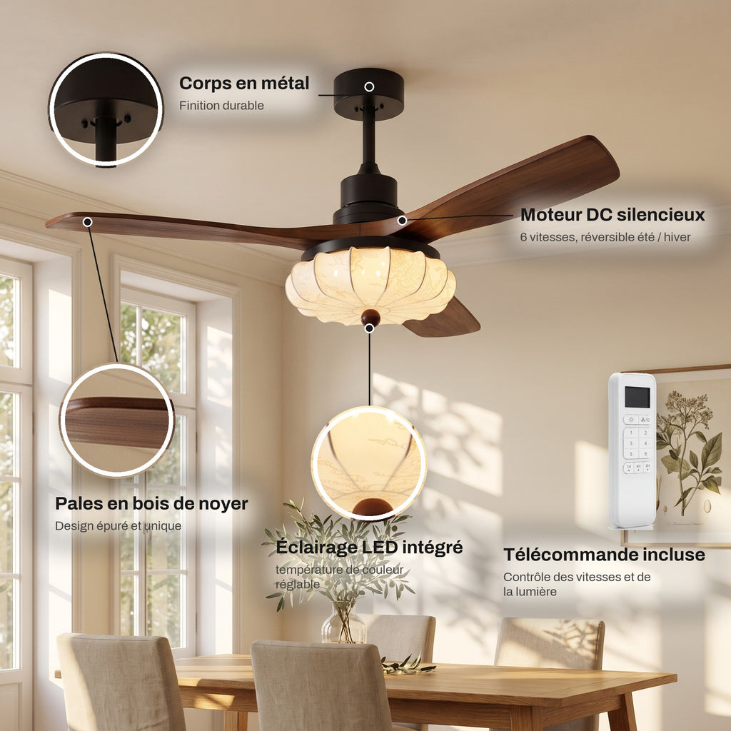 Ventilateur de Plafond Vintage Silencieux en Bois Style Colonial Avec Lumière LED, Télécommande et Réversible Été/Hiver - Trianon