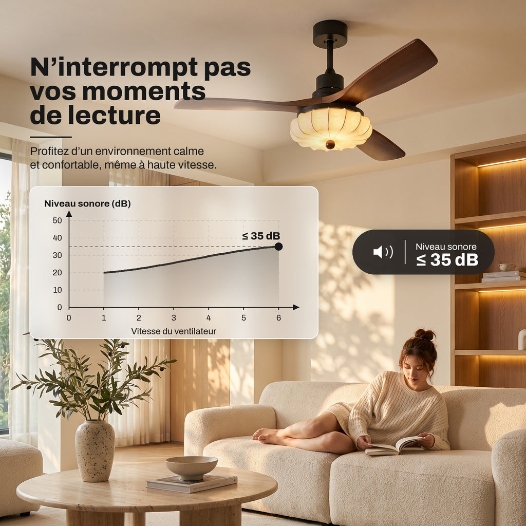 Ventilateur de Plafond Vintage Silencieux en Bois Style Colonial Avec Lumière LED, Télécommande et Réversible Été/Hiver - Trianon