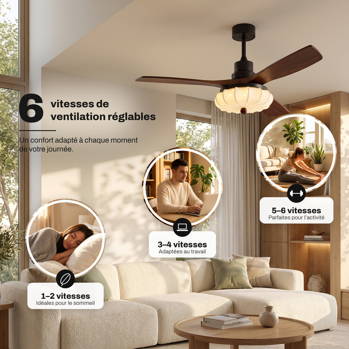 Ventilateur de Plafond Vintage Silencieux en Bois Style Colonial Avec Lumière LED, Télécommande et Réversible Été/Hiver - Trianon