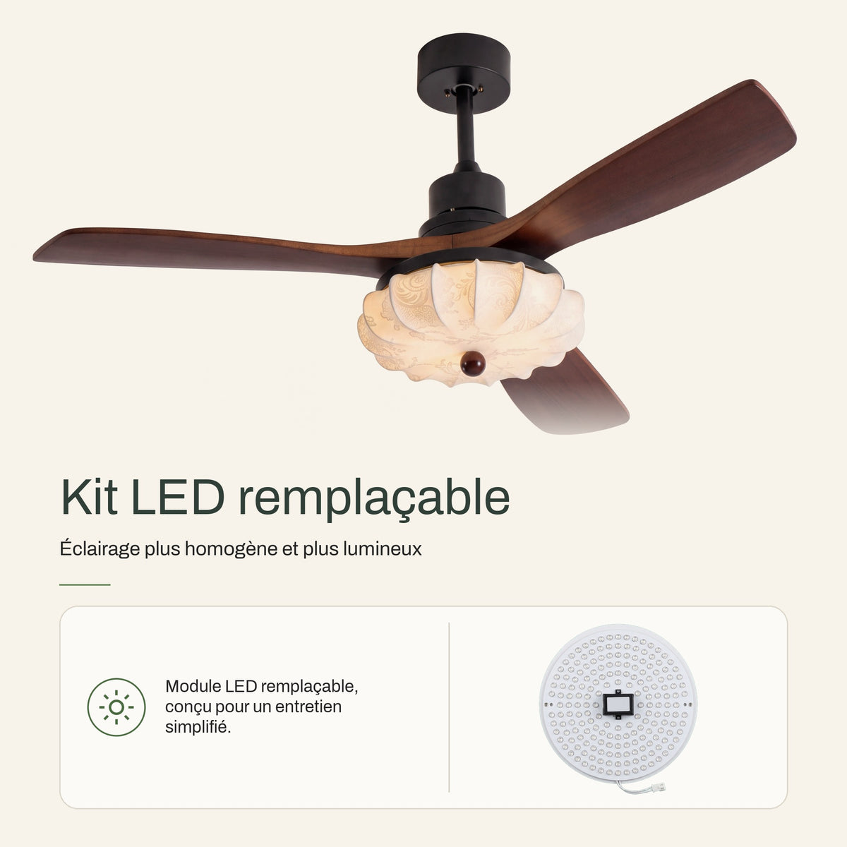 Ventilateur de Plafond Vintage Silencieux en Bois Style Colonial Avec Lumière LED, Télécommande et Réversible Été/Hiver - Trianon