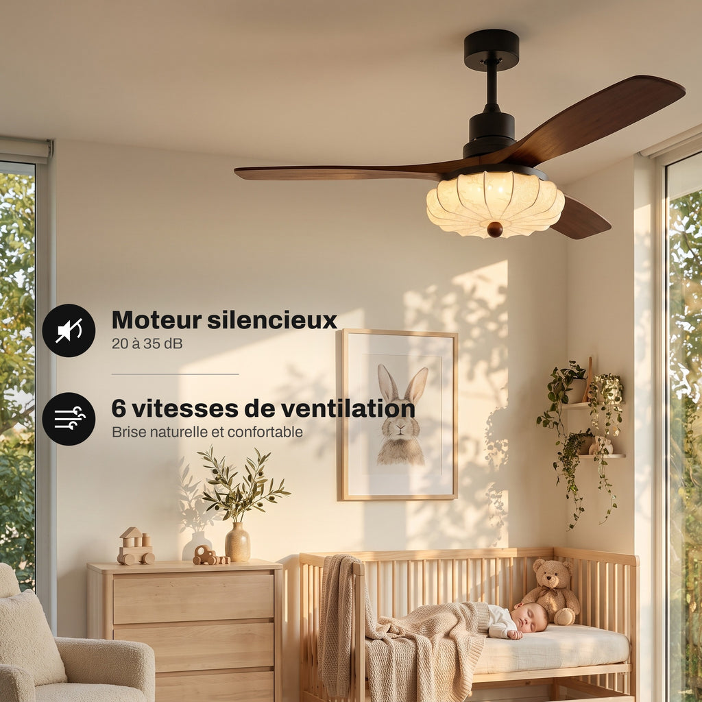 Ventilateur de Plafond Vintage Silencieux en Bois Style Colonial Avec Lumière LED, Télécommande et Réversible Été/Hiver - Trianon