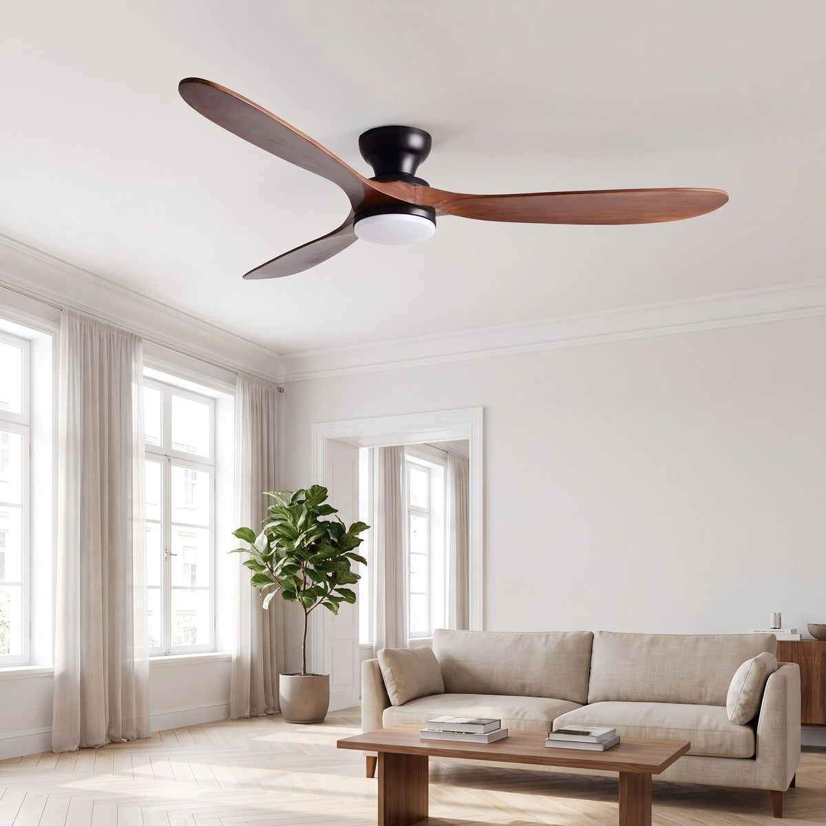 Ventilateur de Plafond en Bois Massif Silencieux Haut de Gamme Avec Lumière LED, Télécommande et Réversible Été/Hiver - Sylvane — mode été, lumière éteinte