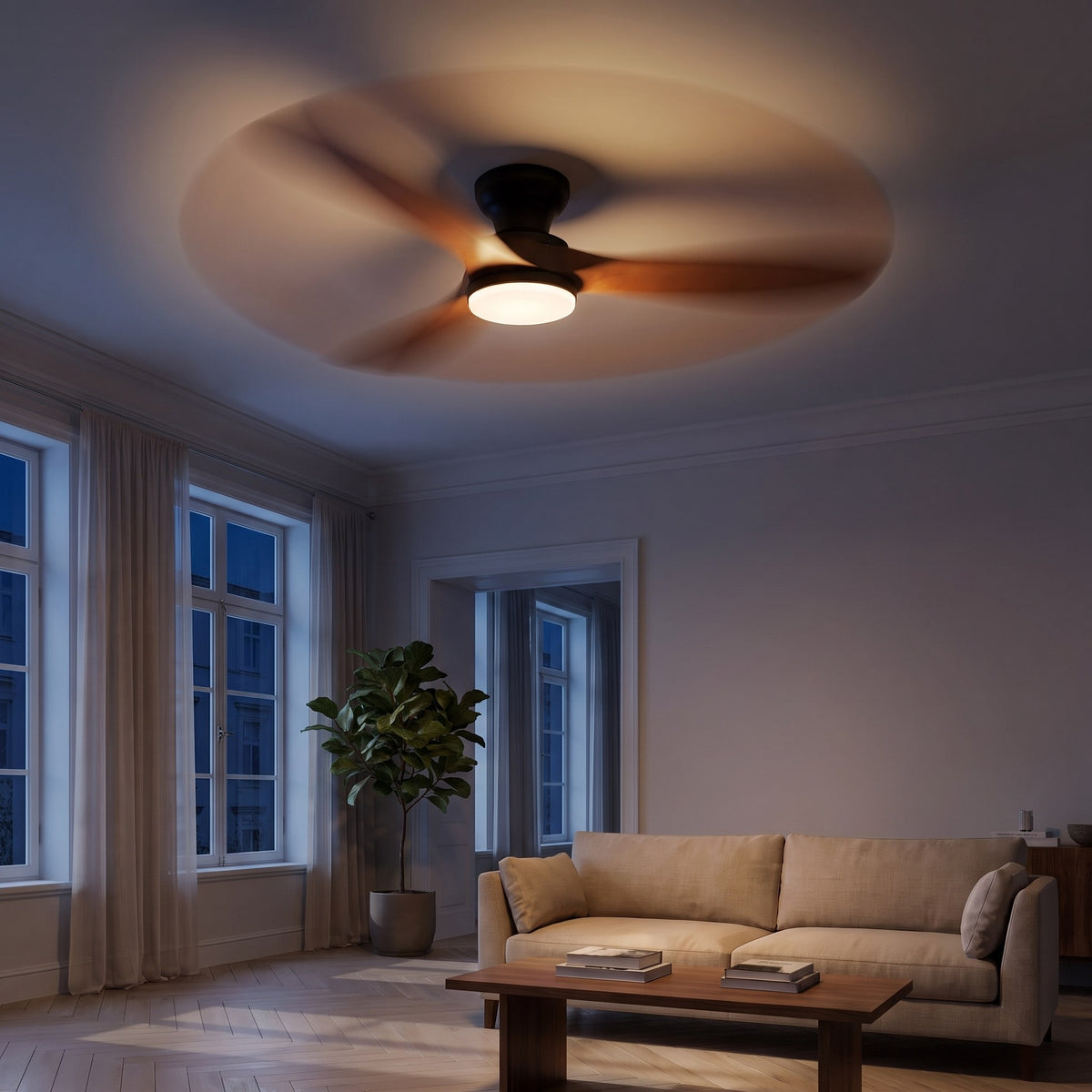 Ventilateur de Plafond en Bois Massif Silencieux Haut de Gamme Avec Lumière LED, Télécommande et Réversible Été/Hiver - Sylvane — mode hiver, LED allumée