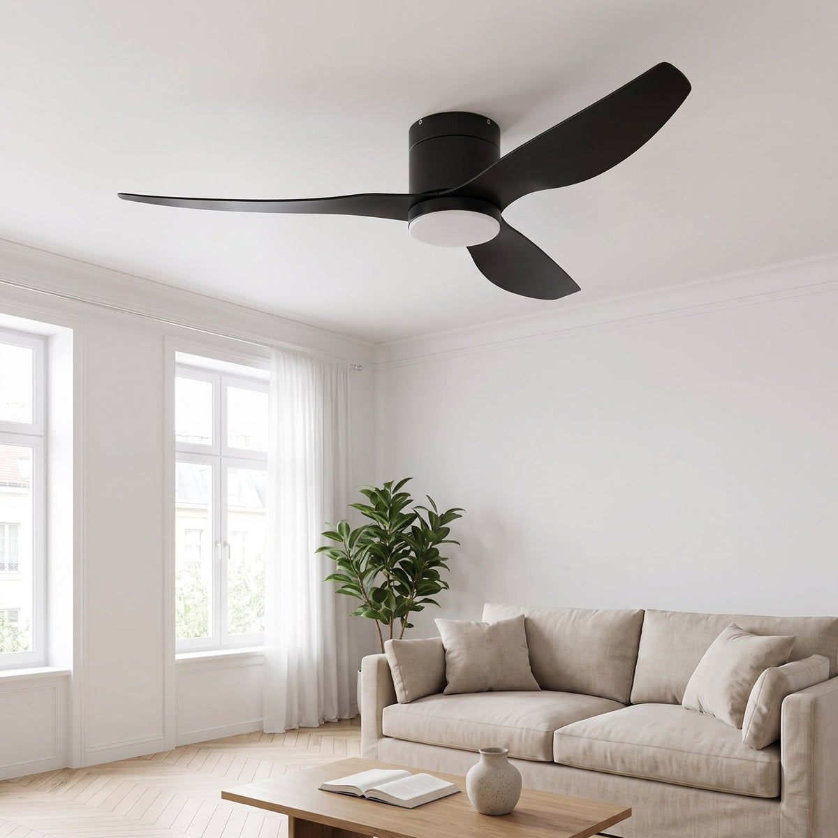 Ventilateur Plafond Silencieux Ultra-Plat avec Moteur DC – Diamètre 106 cm / 132 cm — mode été, lumière éteinte