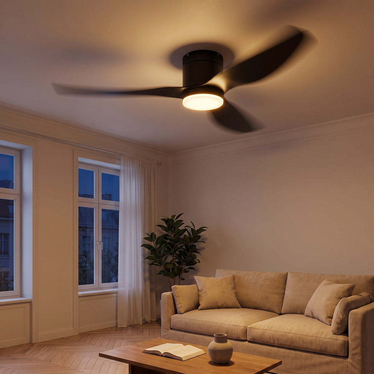 Ventilateur Plafond Silencieux Ultra-Plat avec Moteur DC – Diamètre 106 cm / 132 cm — mode hiver, LED allumée