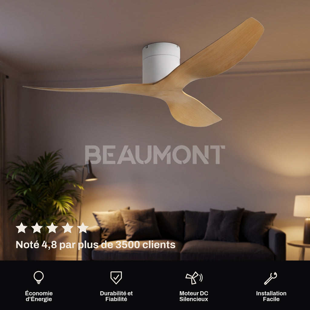 Ventilateur de Plafond Extra-Plat Silencieux pour Plafond Bas Sans Lumière LED, Télécommande et Réversible Été/Hiver - Voltaire