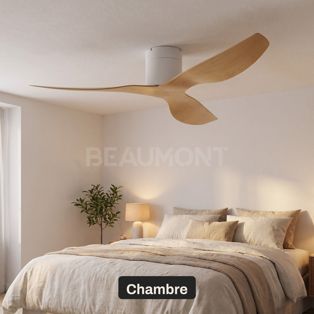 Ventilateur de Plafond Extra-Plat Silencieux pour Plafond Bas Sans Lumière LED, Télécommande et Réversible Été/Hiver - Voltaire