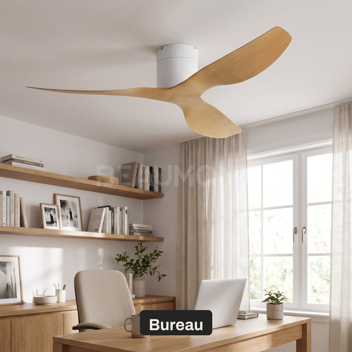 Ventilateur de Plafond Extra-Plat Silencieux pour Plafond Bas Sans Lumière LED, Télécommande et Réversible Été/Hiver - Voltaire