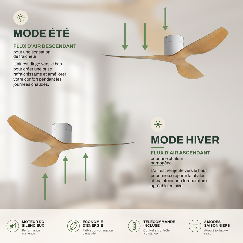 Ventilateur de Plafond Extra-Plat Silencieux pour Plafond Bas Sans Lumière LED, Télécommande et Réversible Été/Hiver - Voltaire