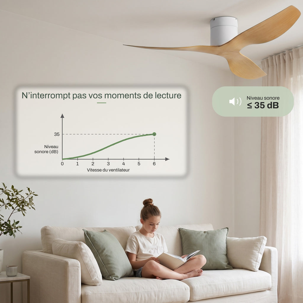 Ventilateur de Plafond Extra-Plat Silencieux pour Plafond Bas Sans Lumière LED, Télécommande et Réversible Été/Hiver - Voltaire