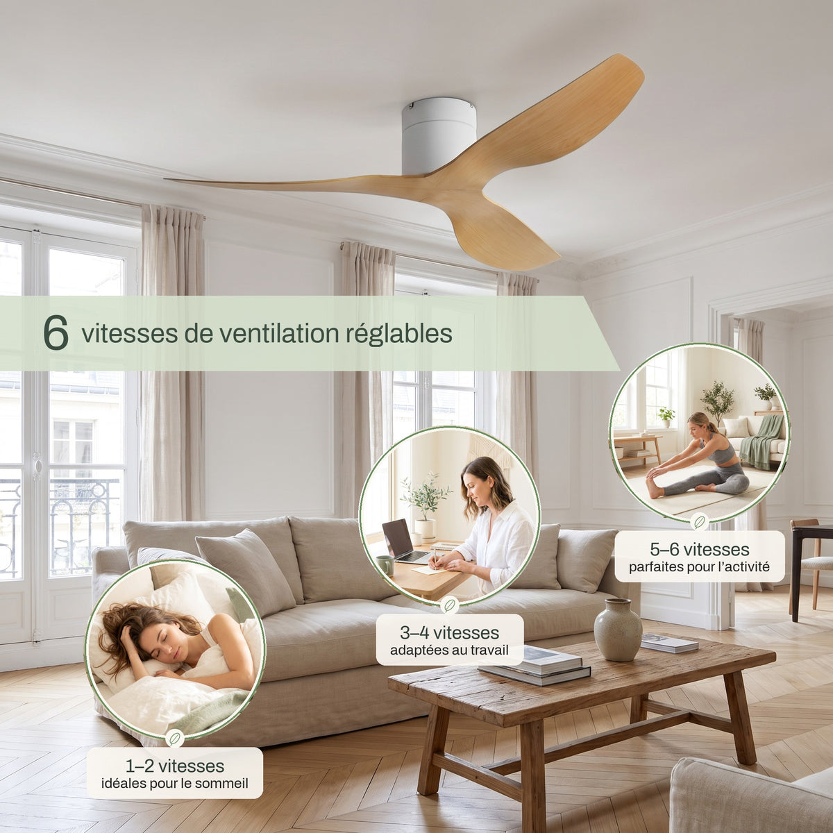 Ventilateur de Plafond Extra-Plat Silencieux pour Plafond Bas Sans Lumière LED, Télécommande et Réversible Été/Hiver - Voltaire