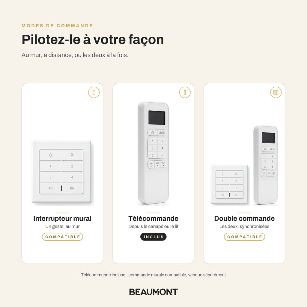 Ventilateur de Plafond Extra-Plat Silencieux pour Plafond Bas Sans Lumière LED, Télécommande et Réversible Été/Hiver - Voltaire