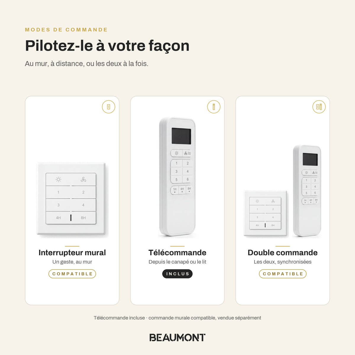Ventilateur de Plafond Extra-Plat Silencieux pour Plafond Bas Sans Lumière LED, Télécommande et Réversible Été/Hiver - Voltaire