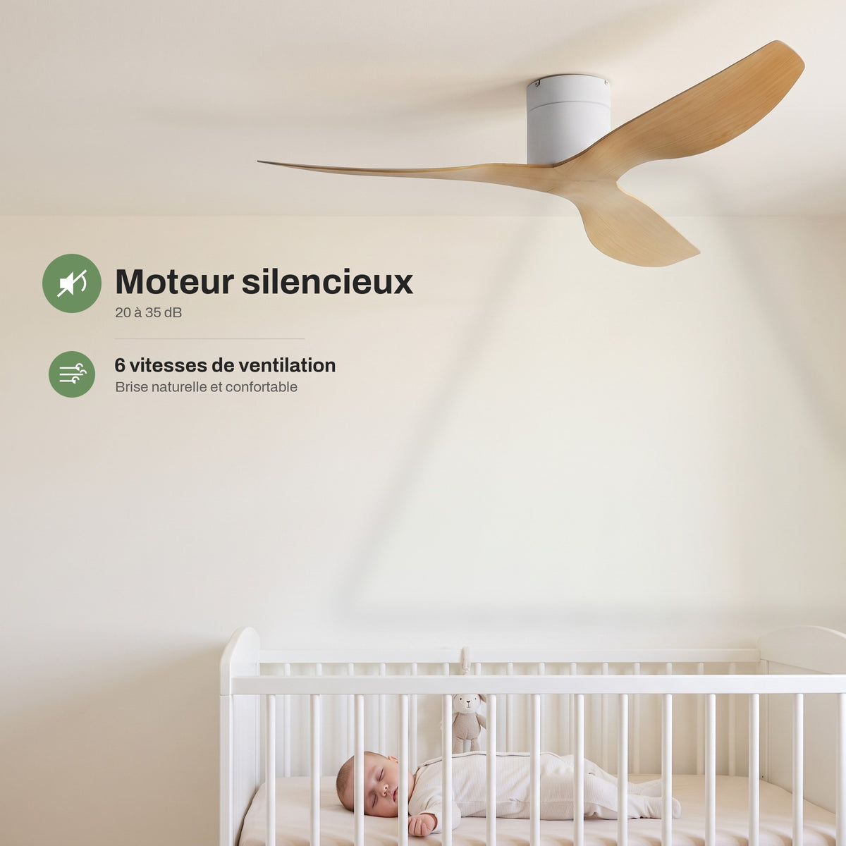 Ventilateur de Plafond Extra-Plat Silencieux pour Plafond Bas Sans Lumière LED, Télécommande et Réversible Été/Hiver - Voltaire